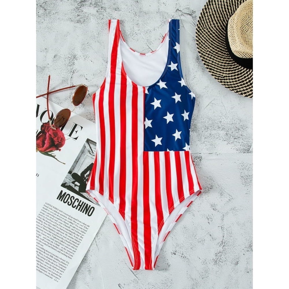 Glonme Women Backless One Piece Swimsuit American Flag size L